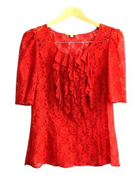 GIANNI BINI -WOMENS FRONT RUFFLE SHORT SLEEVE RED LACE WOMEN'S TOP SIZE LARGE
